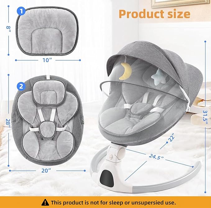 Baby Swing for Infants,Comfort Cradling Baby Rocker Portable Newborn Swing with Music/Remote Control/Timing Function,Grey