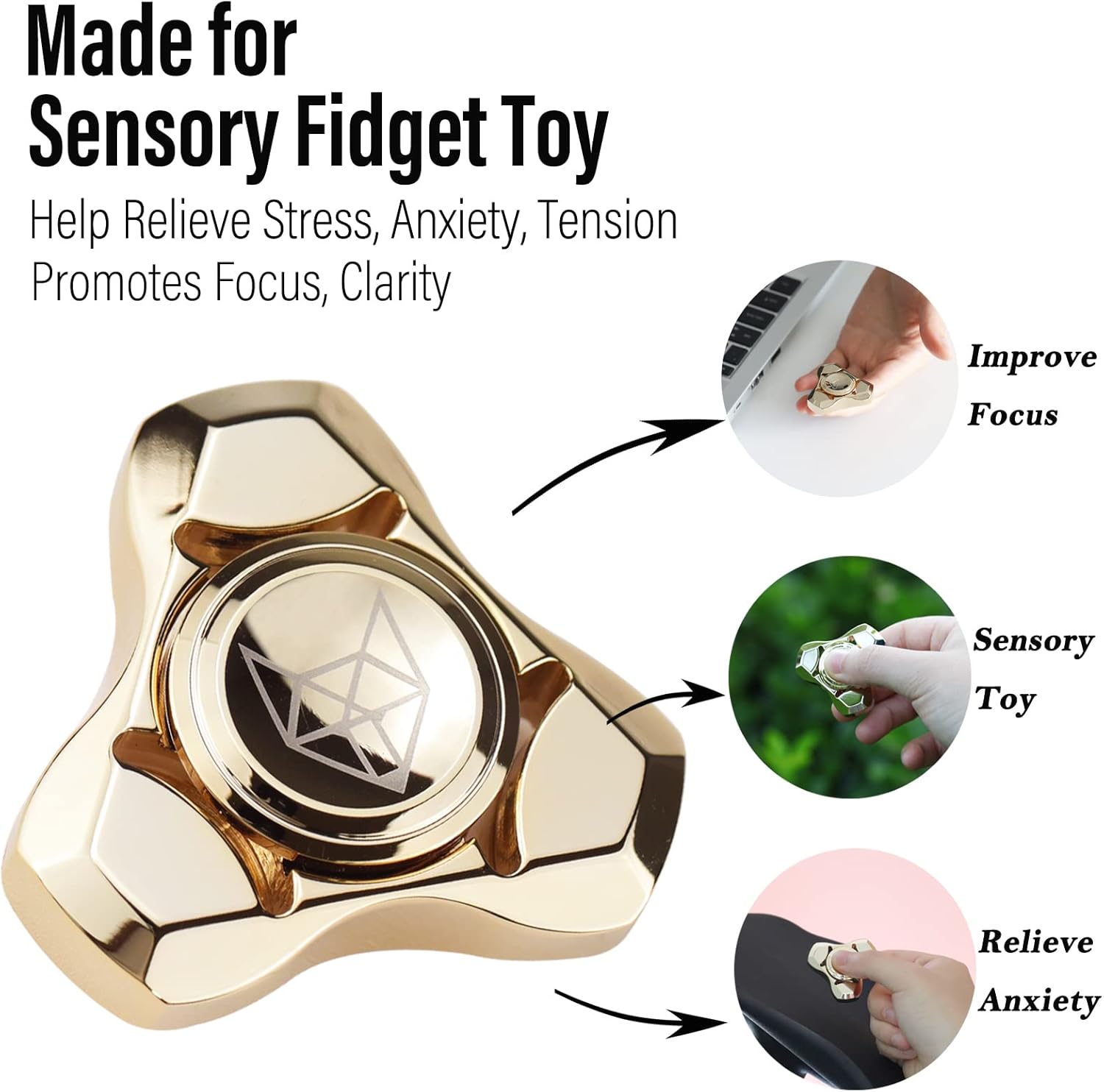 FREELOVE Metal Fidget Spinner, Stainless Steel Heavy, Long Spinning Toys, Cool Silent, Small Mini Fox Figette Spiner for Adults Men Anxiety, Quiet Bearing, Gold