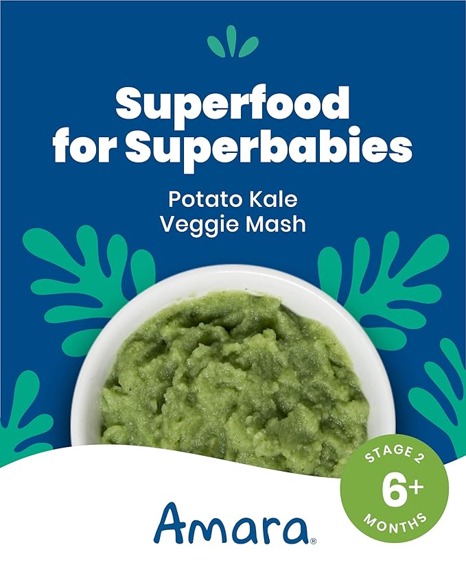 Amara Organic Baby Food - Stage 2 - Kale Potato - Baby Cereal to Mix With Breastmilk, Water or Baby Formula - Shelf Stable Baby Food Made from Organic Fruit and Veggies - 7 Pouches, 3.5oz Per Serving