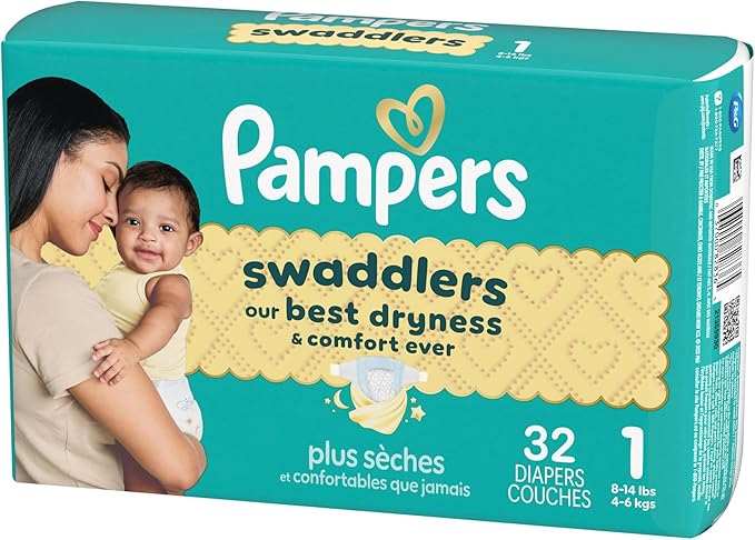 Pampers Swaddlers Diapers, Size 1 (8-14 lbs), 32 Count, Absorbent, Keeps Baby Dry and Comfortable, Skin Safe Disposable Baby Diaper (Packaging May Vary)