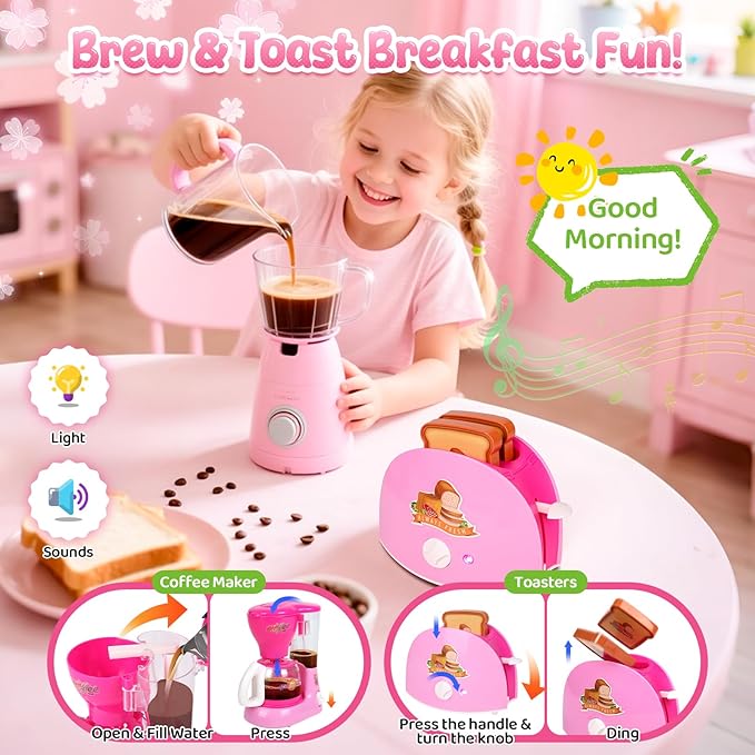Coherny Play Kitchen Sets for Kids Ages 4-8, Kids Kitchen Playset with Realistic Coffee Maker Machine, Toaster, Mixer and Blender, Pretend Play Toys with Light & Sound for Toddles Girls Boys Gifts