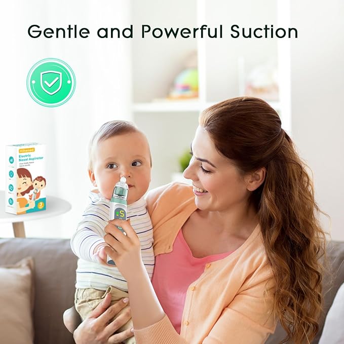 Electric Nasal Aspirator for Baby, Nose Aspirator for Toddlers, Waterproof Baby Nose Sucker, Nose Cleaner with 3 Silicone Tips, Adjustable Suction Level, Music and Light Soothing Function,Green