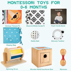Montessori Toys for Babies 0-6 Months, 9 in 1 Learning Educational Sensory Toys for Newborn 0-3-6 Months, Includes High Contrast Cards, Baby Tissue Box Toy, Spinning Drum, Teether and More