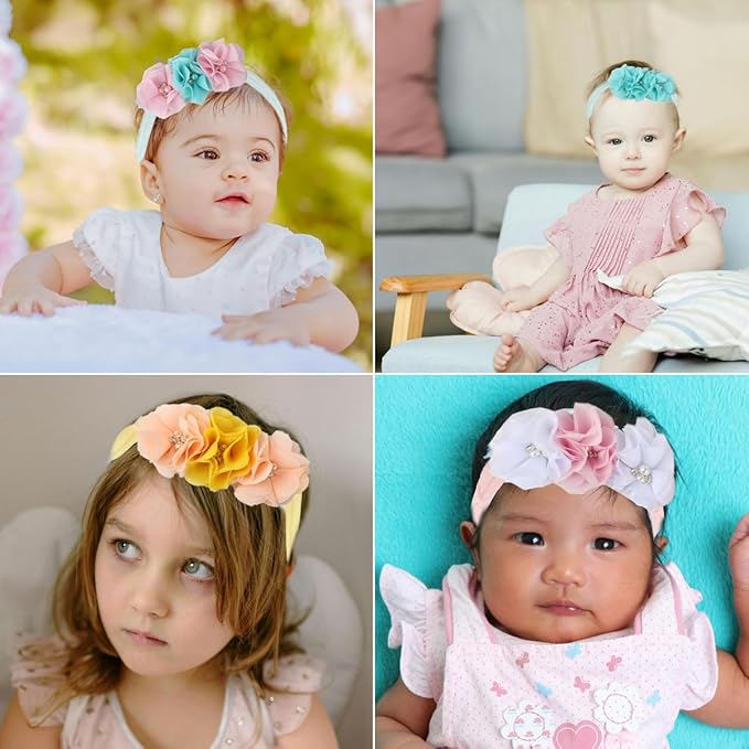 FZBNSRKO Baby Girls Floral Headbands Set,10 Pack Mixed Baby Chiffon Headbands Baby Girl Flower Headband Elastic Hairband for Newborn Toddler Hair Accessories(3 flowers)