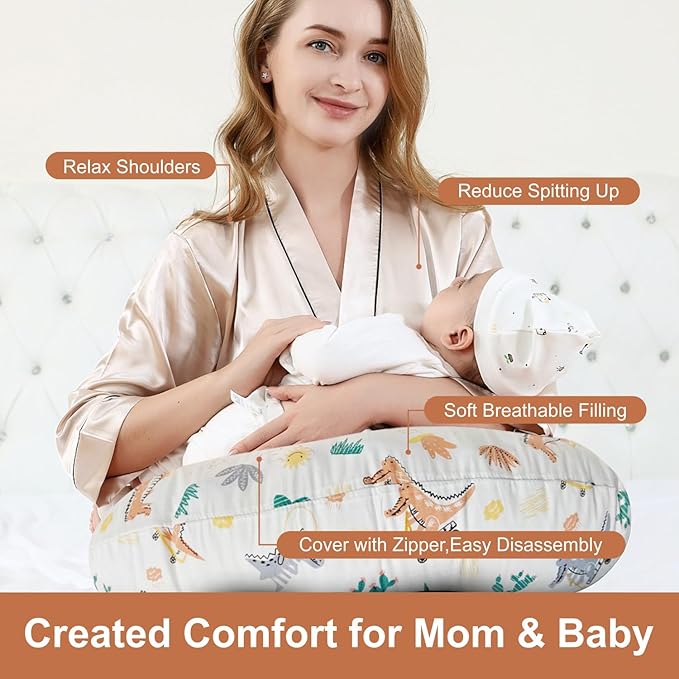 Nursing Pillow, Ergonomic Support Breastfeeding Pillow for Easier Breast Feeding and Bottle Feeding, Baby Feeding Pillow with Machine Washable Cotton Cover (Dinosaur)