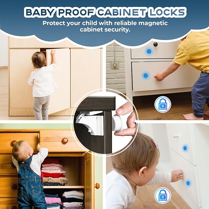 Blessimo® 12 Pack Magnetic Cabinet Locks Baby Proofing with 12 locks and 2 Keys - Child Locks For Kitchen, Cabinets and Drawers - 3M Adhesive Easy Installation