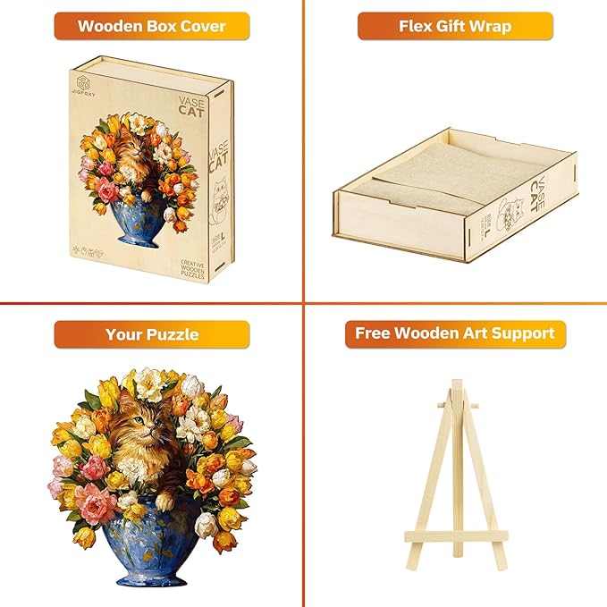 Jigfoxy Wooden Puzzles for Adults, The Vase Cat Wood Puzzles Adult, Unique Animal Shape Wooden Jigsaw Puzzles for Adults, Birthday Gifts for Puzzle Lovers, Family, Friend (S-7.4 * 7.7in-86pcs)