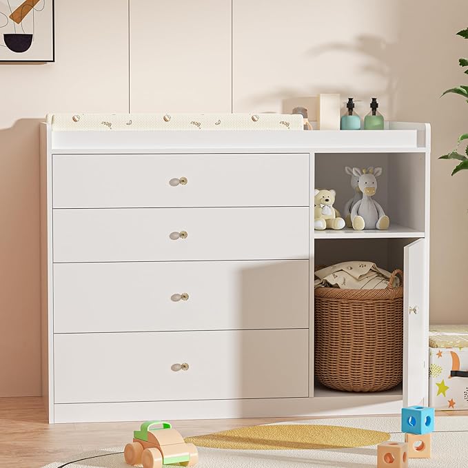 Nursery Dresser Changing Table Dresser with Changing Table Top Baby Diaper Changing Station with 5 Drawers for Infants Chest Storage Changing Station Nursery Organizer,White