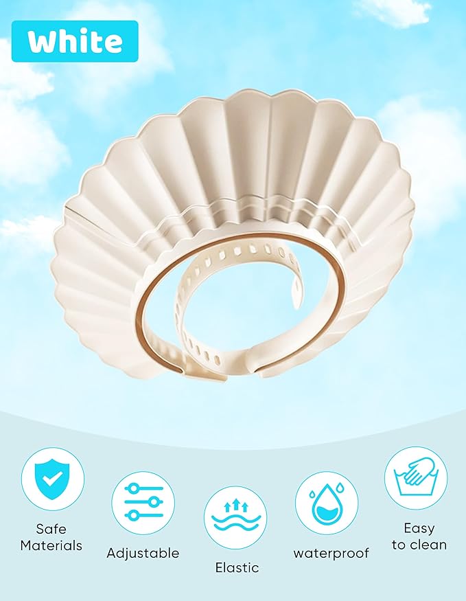 Kids Shower Cap, Baby Hair Washing Shield, Bath Eye Ear Head protector, Bathing Visor for Toddlers, Air Cushioned Shampoo Caps with 22-Size Adjustment for 6Month+ to Adult (White)