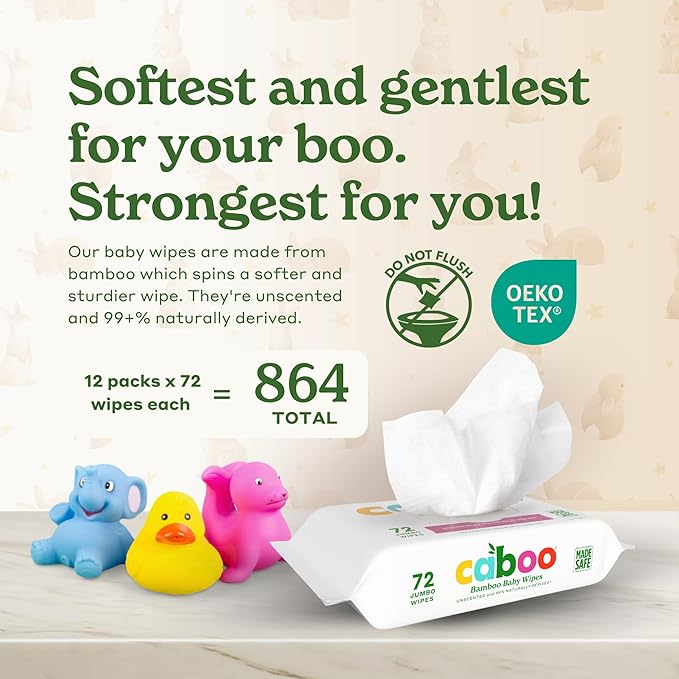 Caboo Baby Wipes, Made with Bamboo Viscose, Certified Made Safe Ingredients, Unscented Baby Wipes Good for Sensitive Skin, 72 Wipes Per Travel Pack, Bulk Total of 864 Wet Wipes