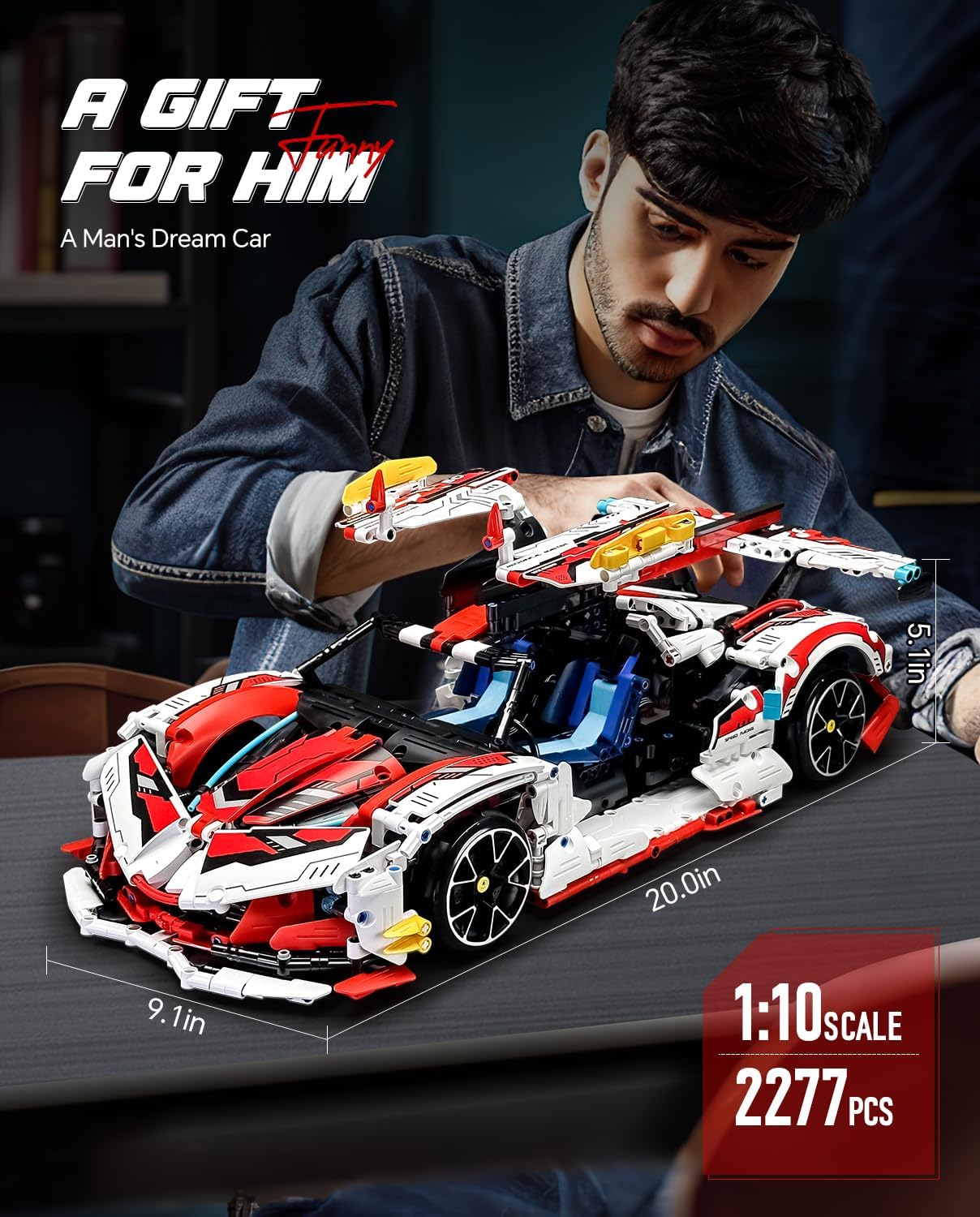 1:10 Race Car MOC Building Kit and Engineering Toy, Adult Collectible Sports Car Technology Car Building Kit, Remote Control Scale Sports Car Model for Adults Men Teens(2277 Pcs)
