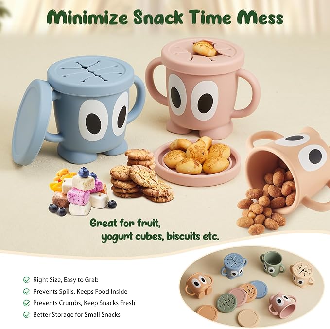 Silicone Snack Cups Food Container for Toddlers and Babies, Spill Proof Training Cup with Snack Cup Lid & Dust Proof Lid, Comes with a toy strap, Without BPA, Lead, or Phthalates (Beige & Pink)