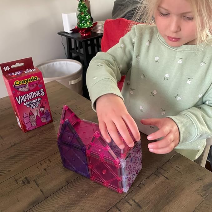 CreateOn Crayola Magnetic Tiles, Building Set for Kids, Magnetic Blocks, Travel Toys, Classroom Sensory Toys, STEM & Montessori Tools for Boys & Girls Ages 3+, 14-Piece Set (Valentines Day)