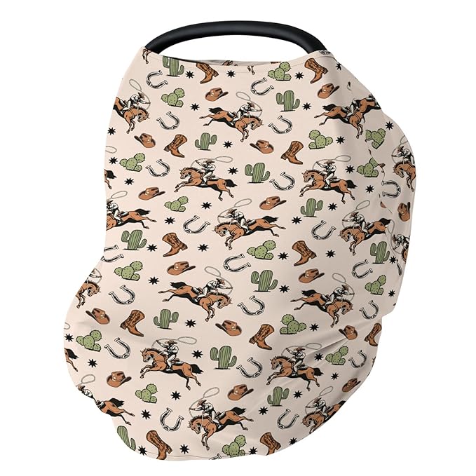 Country Western Car Seat Cover for Baby Cowboy Hat Boots Horse Cactus Stretchy 5-in-1 Covers Adjustable Car Canopy Breastfeeding Cover Wild West Desert Breathable Nursing Cover-Up