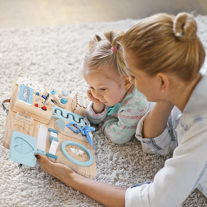 Joyreal Montessori Busy Board with LED Lights, Autism Sensory Travel Toys, Fidget Board Ideal Gift for Boys Girls Wooden Toddler Toys