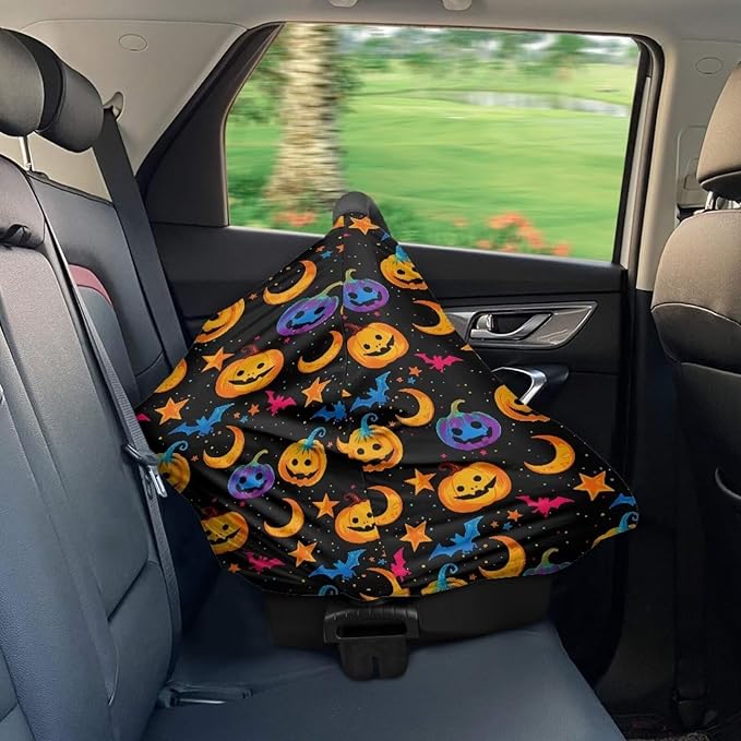 Binienty Galaxy Pumpkin Bats Moon Car Seat Covers for Babies, Halloween Decoration,Halloween Pumpkin Nursing Cover Breastfeeding Scarf, Stretch Baby Carseat Canopy