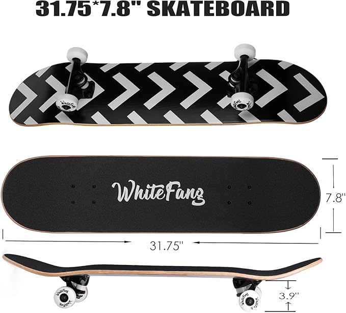WhiteFang Skateboards for Beginners, Complete Skateboard 31 x 7.88, 7 Layer Canadian Maple Double Kick Concave Standard and Tricks Skateboards for Kids and Beginners