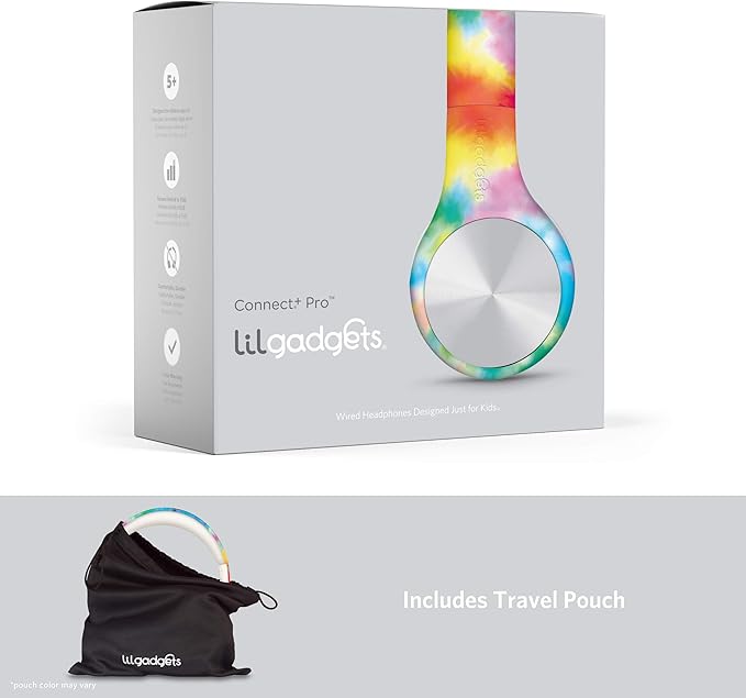 LilGadgets Connect+ Pro Kids Headphones with Mic and Cord, SharePort Technology, Over-Ear Foldable Headset, Volume Limit 93db, Wired Inline 3.5mm Jack for School - Tie Dye Rainbow Headphones for Kids