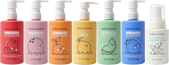 Dabble & Dollop Rainbow of Bubbles – Natural 4-in-1 Bath Set for Kids, Includes Bubble Bath, Body Wash, Shampoo, No Parabens/Sulfates, Vegan, Gluten-Free, Tear-Free (7-Pack)