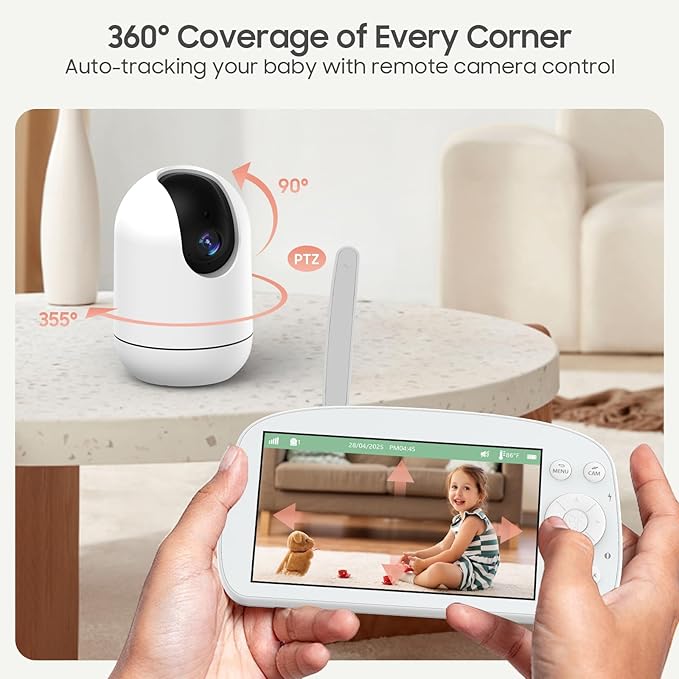 Smart WiFi Baby Monitor with Camera and Audio, 5.5” 1080P Wall-Mountable Display, 360° Pan & Tilt, HD Night Vision, Soothing Music, Multi-User Support, Two-Way Talk, Temperature & Motion Detection