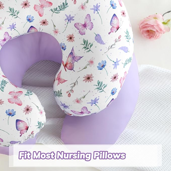 Pea Pod Nursing Pillow Cover 2 Pack Soft & Adorable Slipcovers for Breastfeeding Pillows, Comfortable Stretchy Feeding Pillow Covers for Baby Girls Boys Newborn, Removeable Pillow Case (Butterfly)