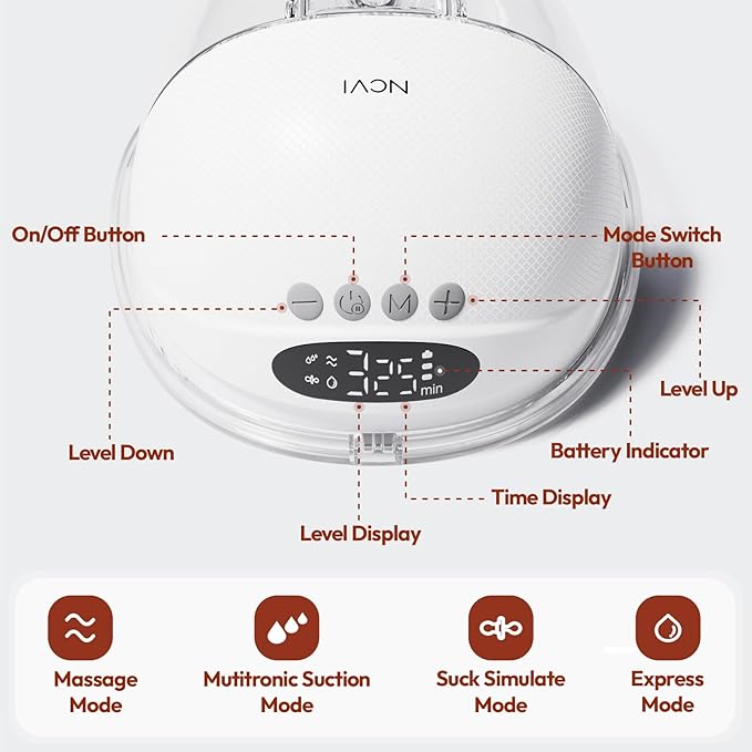 NCVI Hands Free Breast Pump 8131, Wearable Breastfeeding Pump with 4 Modes & 9 Levels, Portable Rechargeable Milk Pump with LED Display, Low Noise & Discreet, 19/21/24 mm Flanges, White