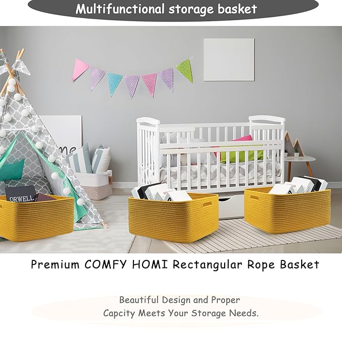 COMFY-HOMI 3 pcs Large Storage Baskets for Shelves, Laundry Basket, Woven Rope Basket, Closet Organizer Bins for Clothes Blanket Towels, Baby Nursery, Gift Toy Baskets, 17” x 13” x 7.5”-Yellow