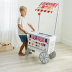 Melissa & Doug Wooden Snacks and Sweets Food Cart - 40+ Play Food pcs, Reversible Awning