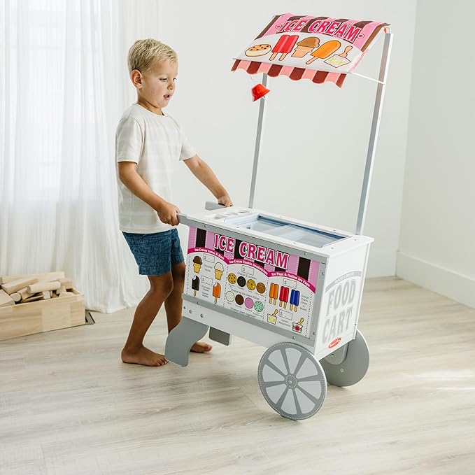 Melissa & Doug Wooden Snacks and Sweets Food Cart - 40+ Play Food pcs, Reversible Awning