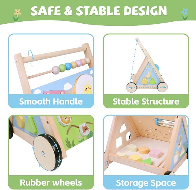 Wooden Baby Walker with Wheels, Montessori Baby Push Walker for Babies 6-12 Months, Baby Activity Center Walking Toy for 1 Year Old Learning to Walk Toddler Girls Boys