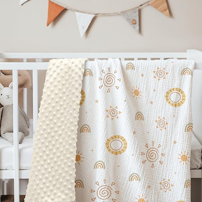 Sun Baby Blankets for Boys Girls, Soft Nursery Minky Blankets with Muslin and Dotted Fleece Back 30x40 inches, Receiving Bed Quilt for Newborn, Infants, Toddlers
