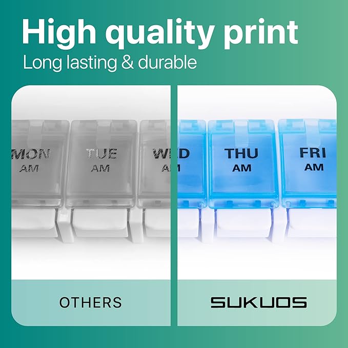 Sukuos AM PM Weekly 7 Day Pill Organizer, 2 Times A Day Pill Box with Arthritis Friendly Push Button, Medicine Cases for Vitamin/Fish Oil/Supplements, Easy to Clean (Purple&Blue)