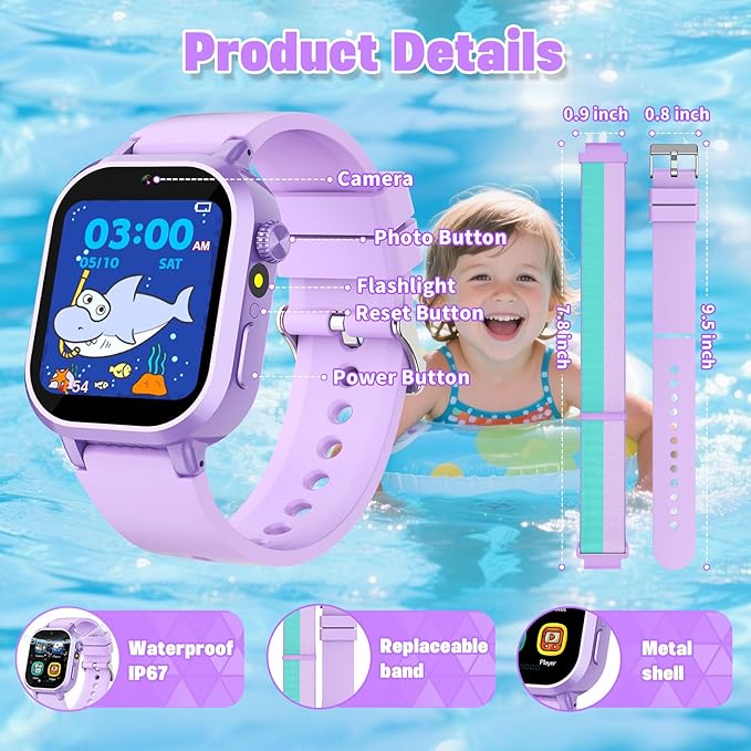 Kids Waterproof Smart Watch Girls Gift Age 3-12 with 39 Game HD Touch Screen Music Player Video Camera Pedometer Alarm Clock Toys Birthday Gifts for 6 7 8 9 Year Olds Purple