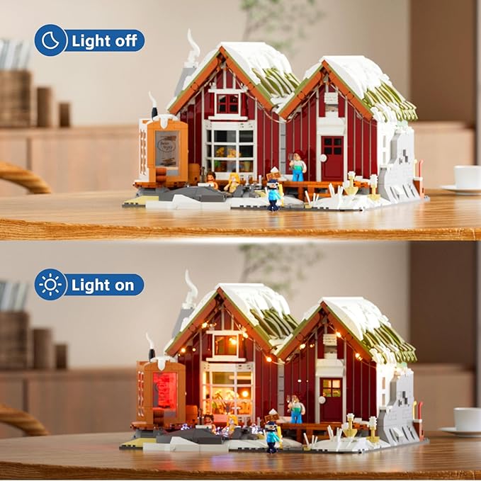 Spa-Cabin Winter Lighting-Building-Bricks Set - 2235 Pcs Christmas House Winter Lodge LED Light Construction Building Christmas Village Model Set for Adults and Families