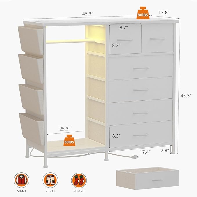 6 Drawer Dresser for Bedroom with Clothes Rack, Clothes Dresser with Side Pockets and Hooks, Charging Station & LED Lights, Wooden Top, Fabric Storage (White)