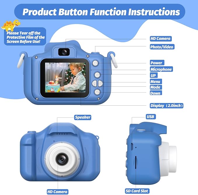 Upgrade Dinosaur Kids Camera, Christmas Birthday Gifts for Girls Boys 3-12, 1080P HD Selfie Digital Video Camera for Toddlers, Cute Portable Little Girls Boys Gifts Toys for 3 4 5 6 7 8 9 Years Old