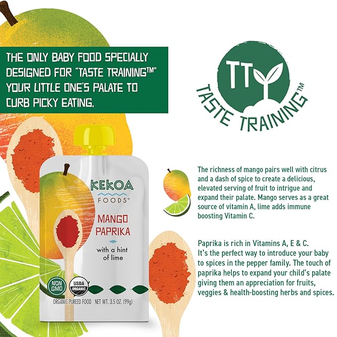 Kekoa Foods Mango Paprika Baby Food Purée | 100% USDA Certified-Organic, No Sugar Added | Organic, Non-GMO, Gluten-Free, Vegan | Sweet Mango with Lime & Mild Paprika | 3.5 oz Squeeze Pouch