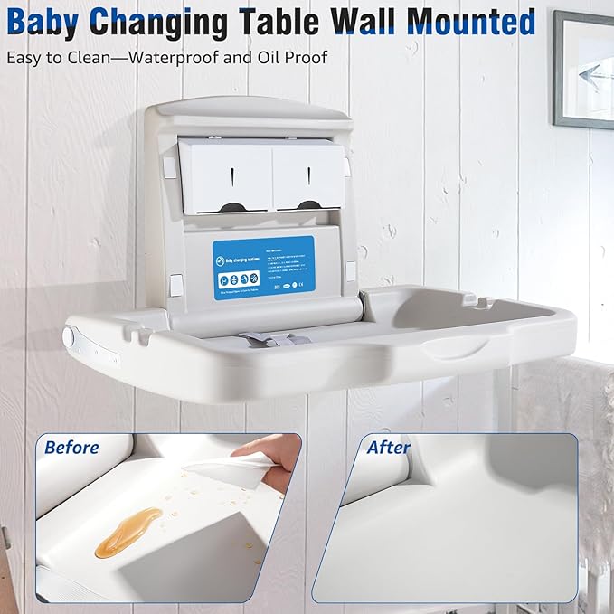 Baby Changing Station Wall Mounted, Fold Down Baby Changing Table, Commercial Diaper Changing Station, Nappy Changing Table with Safety Strop and Door Sign, Space-Saving