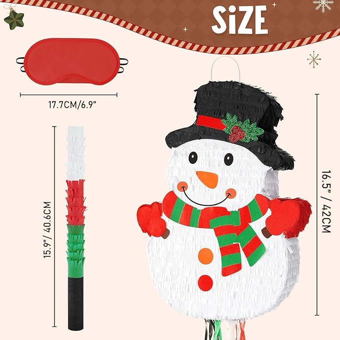 Wernnsai Christmas Piata Large Pull String with Blindfold Bat Cute Snowman Piata for Christmas Party Games White Party Decorations 16.5' x 12.4'