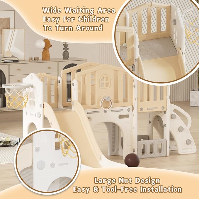 XJD 9 in 1 Toddler Slide Set, Kids Slide for Toddlers Age 1+, Toddler Climber Slide PlaySet with Basketball Hoop and Ball,Outdoor Indoor Playground for Toddlers 1-3 (Beige)