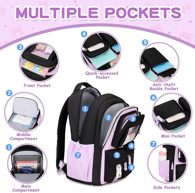 Kids Backpack for Girls School Bags for Middle School Students Book Bag for Elementary Primary Kawaii Ita Backpack, Black and Purple