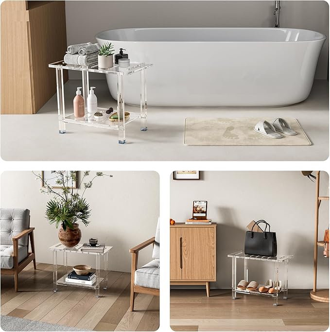 Sumerflos Acrylic Shower Bench for Inside Shower - 24.02" L x 12.99" W x 18.31" H Bathroom Shower Stool with Storage Shelf Heavy Duty (Hold Up to 400lbs) for Shaving Legs Waterproof Non-Slip