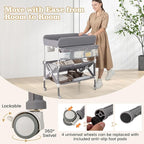 BABY JOY Portable Baby Changing Table, Foldable Waterproof Diaper Changing Station w/Wheels, Adjustable Height, Storage Basket, Shelves & Trash Bin, Mobile Nursery Organizer for Newborn Infant, Gray