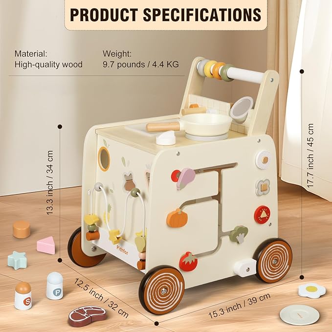 Wooden Baby Walker, 3-in-1 Baby Push Walker, with Pretend Kitchen, Montessori Sensory Activity Center, Push Walker Toys for Babies Learning to Walk, Sit-to-Stand