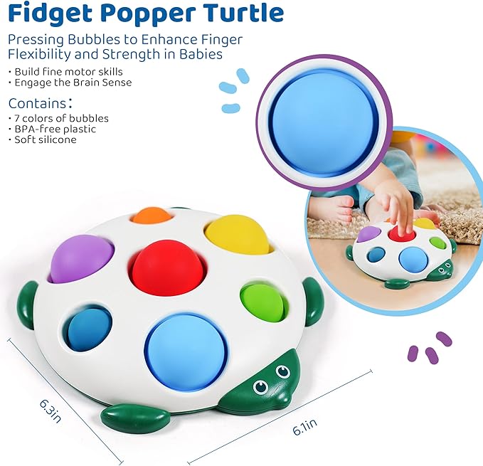 LiKee Fidget Popper Sensory Baby Toys for 10+ Months, Push and Popping Busy Board, Montessori Toys for 1+ Years Old, Airplane Car Travel Toy for Toddlers 1-3 Stress Relief (Turtle)