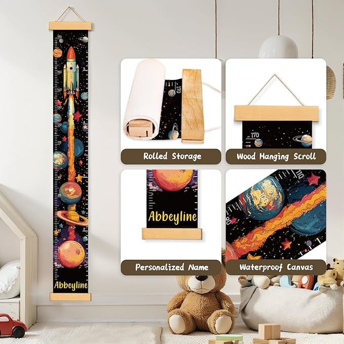 Personalized Name Kids Growth Chart for Wall, Rocket Premium Canvas Removable Height Chart for Kids, Height Measurement for Wall, Height Chart for Kids & Babies, Kids Nursery Decor