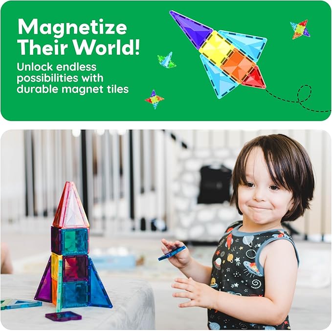 PicassoTiles 120pcs Mini Size Magnetic Tiles Magnet Toys Diamond Series Sensory Construction Building Blocks Set STEM Learning Travel Size Educational Toy for Kids Boys Girls Toddlers Age 3+ PTM120