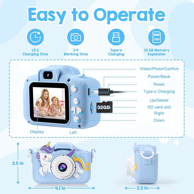 Kids Camera, Toys for Toddlers Age 3-8 Year Old Girl Christmas Birthday Gifts, Children Digital Camera with Cartoon Soft Silicone Cover and 32GB Card (Azure)