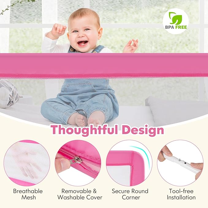 BABY JOY Bed Rails for Toddlers, 71'' Extra Long, Swing Down Bed Guard w/Safety Strap, Folding Baby Bedrail for Kids Twin, Double, Full Size Queen & King Mattress (71-Inch, Pink)