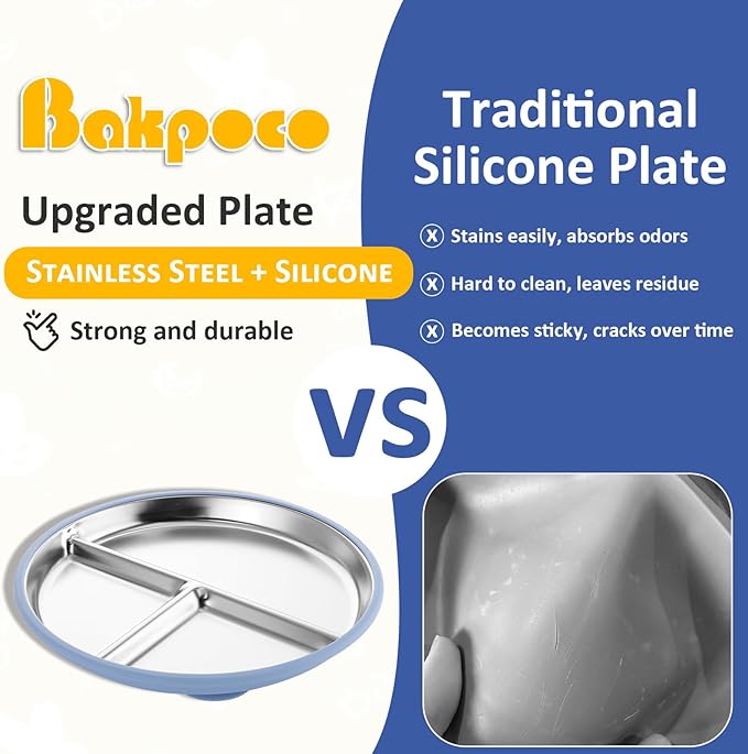 Stainless Steel Suction Plates for Toddlers, 9" Divided Kids Baby Plates with Removable Silicone Suction, Non Toxic Non Slip Portion Control Snack Dishes 3 Packs, Blue Gray Beige